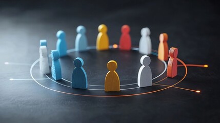 Leinwandbilder - A visually striking digital featuring glowing 3D figures arranged in a circular formation connected by vibrant lines over a deep black background  This image symbolizes the concepts of unity