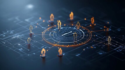 Poster - Captivating digital artwork showcasing a circular layout of 3D glowing figures connected by radiant lines against a sleek black canvas
