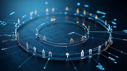Leinwandbilder - Elegant glowing 3D figures forming a circular structure with connecting lines illuminated on a deep black surface creating a striking abstract digital art design with a futuristic minimalist