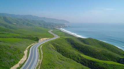Poster - Vintage cars cruising along a scenic coastal road trip with ocean waves crashing against cliffs in the background creating a tranquil and picturesque landscape