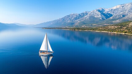 Poster - Serene sunset view of an old wooden sailboat carrying passengers across a calm mountain lake surrounded by towering peaks and a tranquil reflective landscape