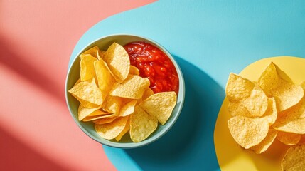 Wall Mural - Chips and sauce bowl styled on a colorful table for flat lay