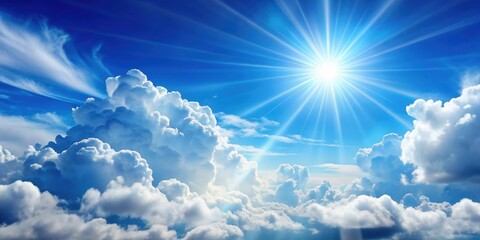 Wall Mural - of fluffy clouds against a blue sky with sun rays , clouds, blue sky, sun rays, sunny, fluffy, weath