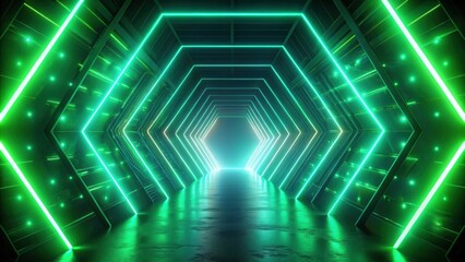 Wall Mural - Abstract neon hexagon tunnel with green light effects on dark background, Neon, Hexagon, Tunnel, Green, Light, Effects