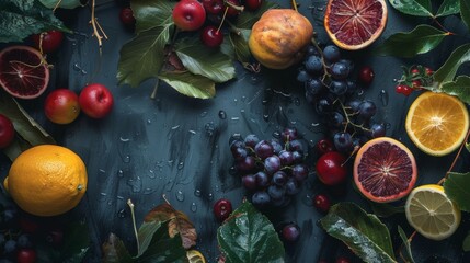 Wall Mural - Assorted fresh fruits with water droplets on a dark surface