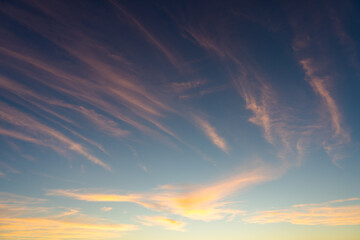 Wall Mural - blue sky with colorful light pink cirrus clouds at sunset. abstract texture background.