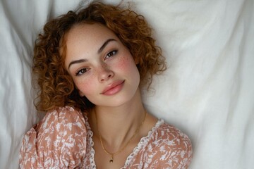 Sticker - Woman with curly hair and freckles lies on a bed. AI.