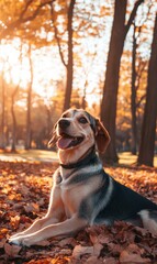 Canvas Print - Happy dog in autumn leaves. AI.