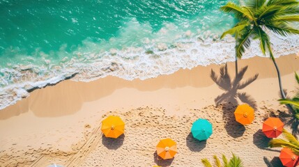 Wall Mural - Colorful beach umbrellas on sandy shore, with turquoise waves gently crashing, creating a vibrant summer scene. Relaxation and leisure concept.