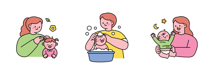 Wall Mural - cute baby and parents. dad and mom are washing, dressing, and tying the baby's hair.