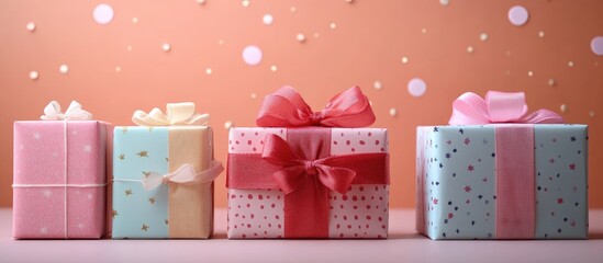 Wall Mural - Colorful gift boxes arranged beautifully with ribbons on a pink background creating a festive and cheerful atmosphere.