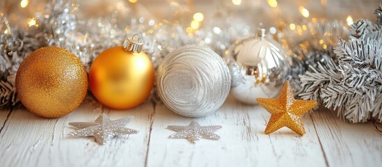 Wall Mural - Festive arrangement of golden Christmas balls silver stars and sparkling tinsel on a rustic white wooden background for holiday celebrations