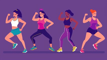 Wall Mural - A group of four women doing a dynamic workout.