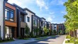 © AbstractAI - Modern townhouse facade in a luxury neighborhood, showcasing sleek architectural designs, manicured greenery, and spacious residential areas under a clear blue sky.