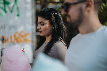 Poster - A young couple enjoys a relaxing day outdoors, savoring cotton candy. The sunny setting and casual attire suggest a carefree and joyful experience together.