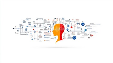 Fototapete - Dynamic depicting a talking figure surrounded by abstract sound frequency patterns representing the intonation and clarity of voice against a clean white background