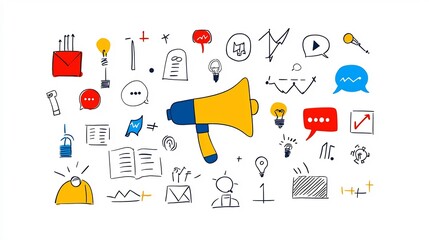 Leinwandbilder - Detailed art showcasing a creative and modern visual representation of communication symbols including a megaphone sound waves and pitch representation on a clean white background