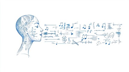 Aufkleber - Sleek and stylized art depicting a narrator or broadcaster figure with dynamic flowing sound waves emanating from their voice representing clarity expression