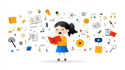 Poster - Vibrant and imaginative depicting a storyteller narrating with icons of open books and clear sound waves on a clean white background showcasing the power of communication education