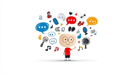 Poster - Vibrant Gestures and Expressive Sounds of Engaged Dialogue A Modern Depicting a Person Actively Speaking with Intonation Arcs and Vibrant Sound Symbols Against a White Background