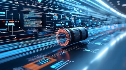 Fototapete - Dynamic depicting a futuristic fiber optic network system with intricate cables and luminous light waves showcasing seamless data transmission against a clean white background