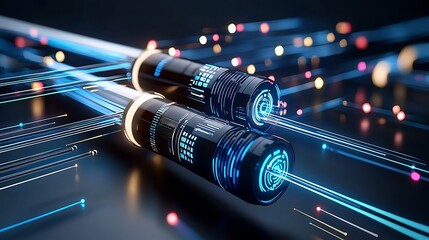 Poster - Captivating showcasing a futuristic scene with glowing fiber optic cables emitting vibrant beams of colorful light against a white background creating a dynamic and cutting edge digital artscape