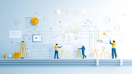 Aufkleber - of technicians installing and connecting fiber optic cables with glowing light trails in a clean modern office or studio setting on a white background  Concept of high speed internet