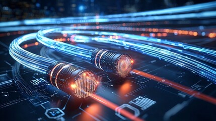 Fototapete - Stunning art depicting a cluster of glowing fiber optic cables with dynamic light trails and high tech design elements against a white background