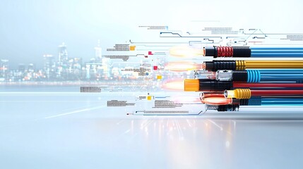 Poster - Stunning of fiber optic cables emitting colorful light beams with detailed optical reflections and refractions against a sleek white background creating a futuristic