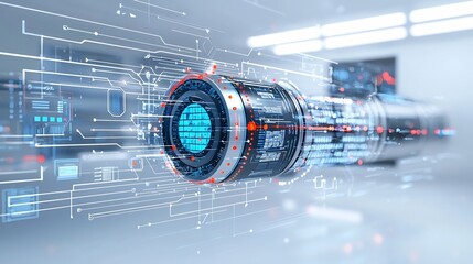 Fototapete - Creative of an intricate fiber optic digital network system with dynamic light beams and digital components on a white background
