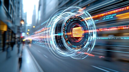 Fototapete - depiction of advanced fiber optic installation technology showcasing vibrant light trails precision tools and a sleek futuristic design on a clean white background