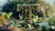 © AbstractAI - Hipster style letter T crafted from moss and foliage, symbolizing nature and outdoor adventure amidst a vibrant green landscape.