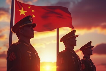 Wall Mural - Soldiers of the Chinese army salute against the background of the sunrise and the flag of China.