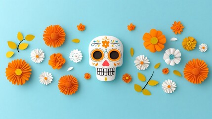 Aufkleber - Intricate and vibrant sugar skull design with glowing orange and green flowers perfect for Day of the Dead or Halloween The details and patterns create a and festive aesthetic