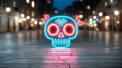 Fototapete - Luminous sugar skull with vibrant neon pink swirls glowing in the dark against a backdrop of striking green and blue hues  This mesmerizing surreal digital art piece creates an otherworldly