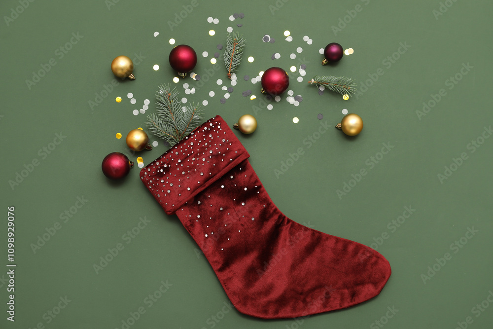 Christmas sock with balls, fir tree twigs and confetti on green background. Top view