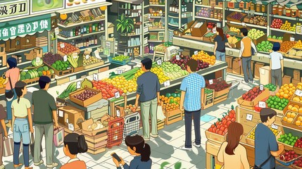 Wall Mural - A cartoon illustration of a busy fruit and vegetable market.
