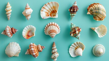 Poster - A collection of seashells and a starfish arranged in a symmetrical pattern on a blue background.