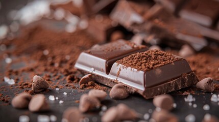 Wall Mural - Close-up of rich chocolate pieces dusted with cocoa powder