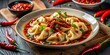 © Wanlop - Local Delight: Chinese Ravioli Drenched in Fiery Sichuan Sauce, Capturing the Essence of Chengdu's Culinary Scene in a Minimalist Style