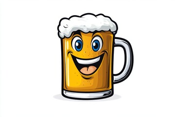 Wall Mural - A clean 2D illustration of a beer mug filled with frothy golden liquid, drawn in bold lines and bright colors on a white background