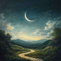 Wall Mural - A painting of a moonlit path through a forest. The moon is in the center of the painting, and the sky is cloudy. The mood of the painting is peaceful and serene