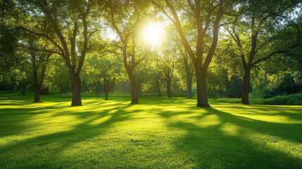 Wall Mural - Sunlight filters through trees in a lush green park during early morning hours