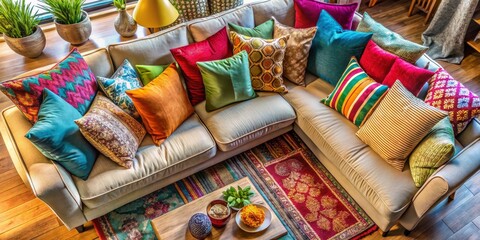 Poster - Aerial Photography of a Cozy Couch Surrounded by a Variety of Soft Throw Pillows in Vibrant Colors and Patterns, Perfect for Home Decor Inspiration