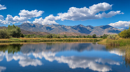 Wall Mural - Reflection of mountains in calm water under a bright blue sky with fluffy clouds