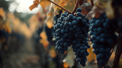 Wall Mural - Grapevines glisten under sunset in a peaceful vineyard setting