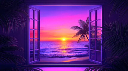 Open window with tropical landscape and ocean in vaporwave style. purple sundown in style room, vacation calmness frame. Vaporwave. Illustration