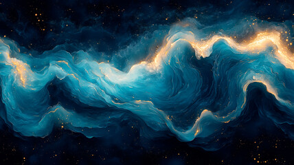 Celestial Waves: A Cosmic Dance of Light and Energy. A breathtaking abstract depiction of a cosmic nebula, resembling flowing waves of luminous blue and golden energy in the vastness of space. 