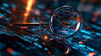 Holding a magnifying glass, examining digital codes, showcasing the concept of technical detective, combining network analysis, data security, and programming themes