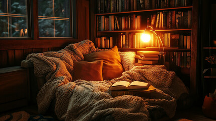 Wall Mural - A cozy reading nook with soft blankets and warm light